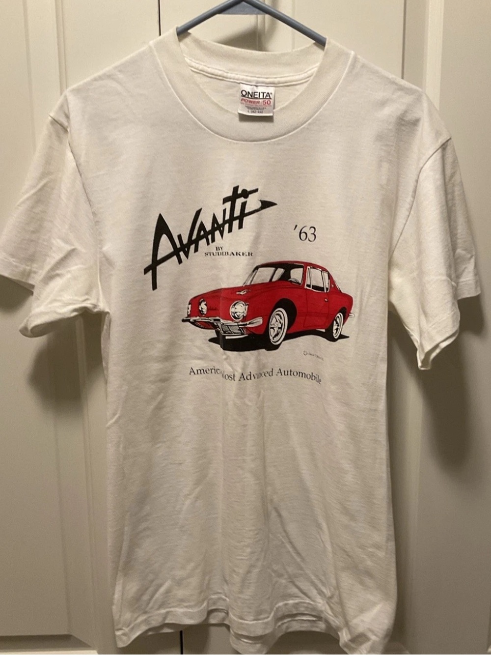 Vintage Oneita USA Single Stitch “Avanti by STUDEBAKER” White T-Shirt Size L